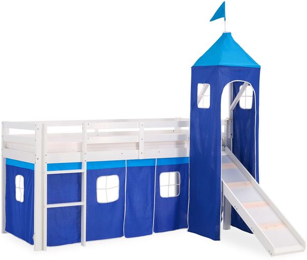 Homestyle4u Spielbett mit Turm und Rutsche, Kiefernholz blau, 90x200 cm