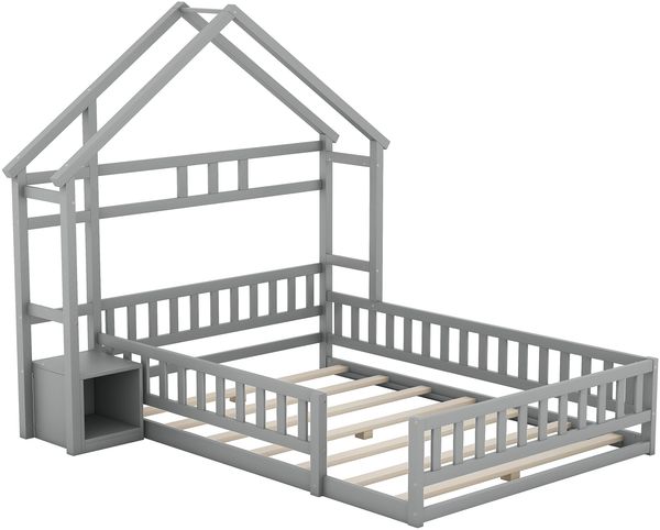 Kinderhausbett, Flachbett aus Kiefernholz mit Geländer, inklusive Nachttisch, stabiles Massivholzbett für Kinder,Grau Bild 9
