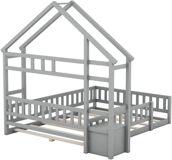 Kinderhausbett, Flachbett aus Kiefernholz mit Geländer, inklusive Nachttisch, stabiles Massivholzbett für Kinder,Grau Bild 10