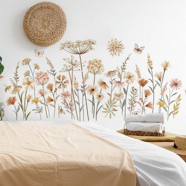 BlingBin Wandtattoo Boho Wandaufkleber Wildblume Löwenzahn Schmetterlinge Löwenzahn (1er Set, 1 St, 1pcs), Wandsticker Schlafzimmer Wohnzimmer Sofa Hintergrund Wanddeko