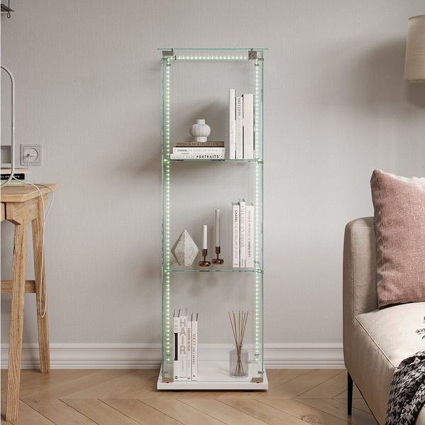 FUROKOY Glasvitrine Standvitrinen, Vitrine aus gehärtetem Glas (Set, 1-St, Vitrinenschrank mit 1 Glastür und Lichtleiste für Sammler, Bücher) Weiß 3 Lagen Sammlervitrine