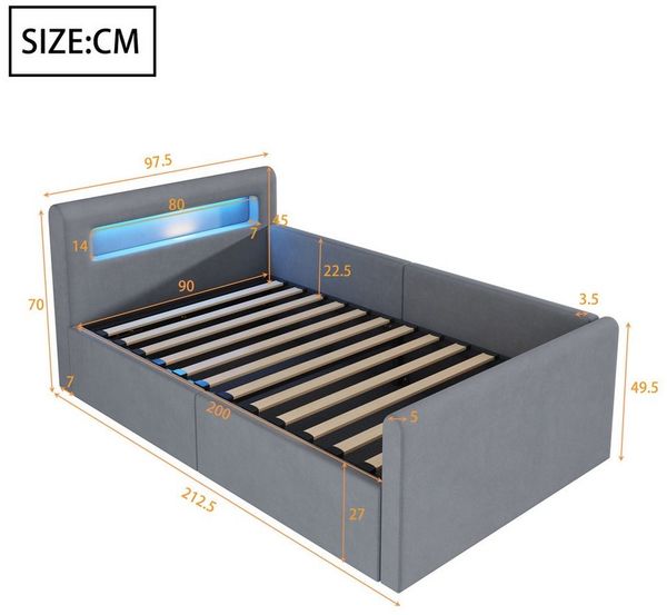 Celya Polsterbett Kinderbett, Mit LED-Licht, Mit Nachtlicht und USB-Ladeanschluss (Ohne Matratze, Jungen- und Mädchenbetten, Samtstoff), 90*200 cm, Mit Regal, Mit Hydraulischem Stauraum, Einfaches Einzelbett