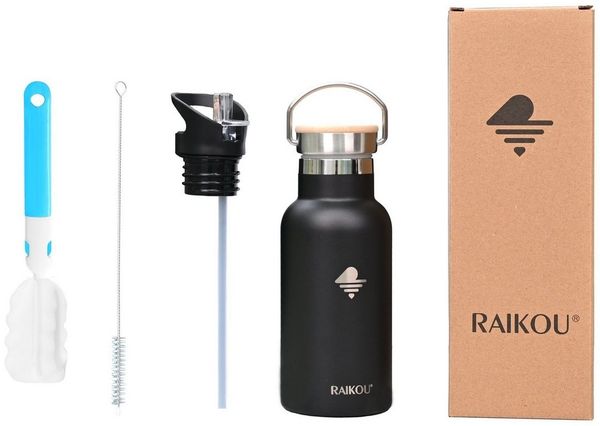 RAIKOU Isolierflasche Edelstahl Trinkflasche Vakuumisolierte Wasserflasche Thermoflasche, bis zu 12H heiß / 24H kalt,mit 2 Deckel,350ml/500ml/750ml/1000ml