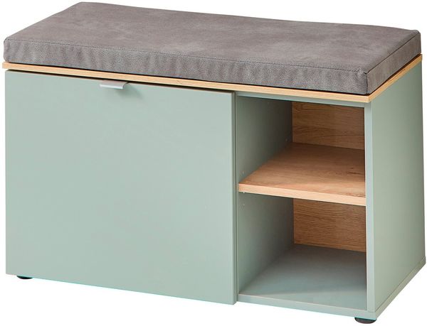 Stella Trading BARI Schuhbank in Schilfgrün, Artisan Eiche Optik FSC-Zertifiziert - Moderne Sitzbank mit Stauraum für Ihren Flur - 78 x 50 x 38 cm (B/H/T)