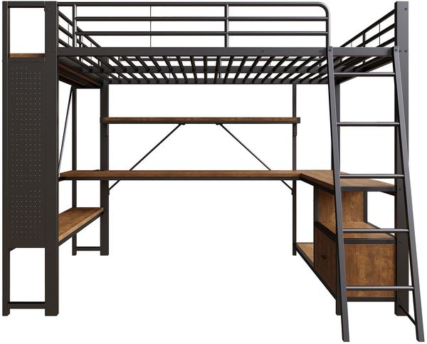 Hochbett mit Schreibtisch, LED-Streifen, Wandgitter, Regal, Schrank, Steckdose, USB, Type-C, Rausfallschutz, 140x200cm, Kinderbett, Metallbett Bild 8