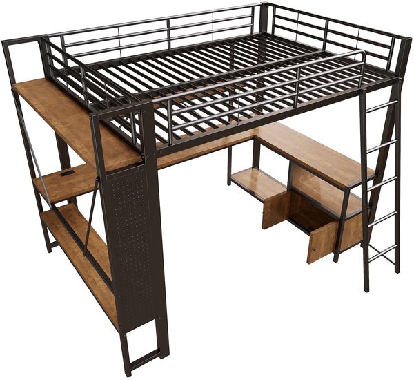 Hochbett mit Schreibtisch, LED-Streifen, Wandgitter, Regal, Schrank, Steckdose, USB, Type-C, Rausfallschutz, 140x200cm, Kinderbett, Metallbett Bild 7