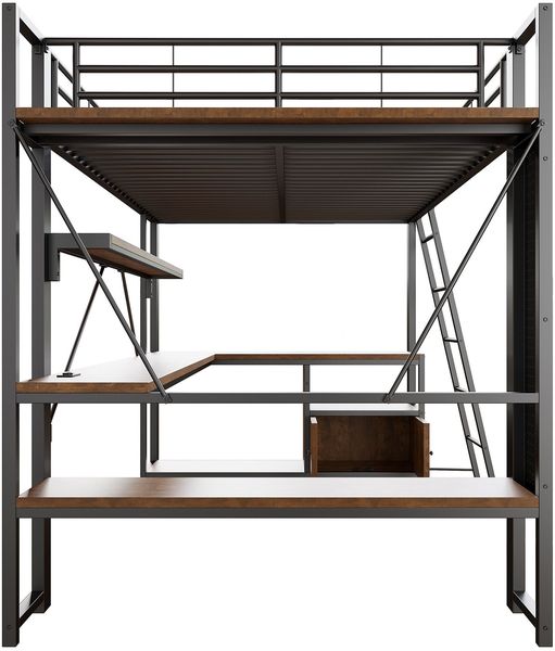 Hochbett mit Schreibtisch, LED-Streifen, Wandgitter, Regal, Schrank, Steckdose, USB, Type-C, Rausfallschutz, 140x200cm, Kinderbett, Metallbett Bild 10