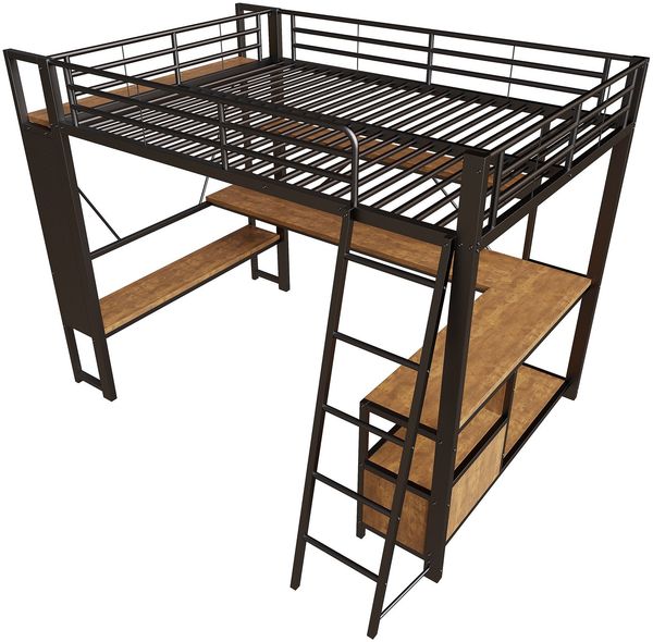 Hochbett mit Schreibtisch, LED-Streifen, Wandgitter, Regal, Schrank, Steckdose, USB, Type-C, Rausfallschutz, 140x200cm, Kinderbett, Metallbett Bild 9
