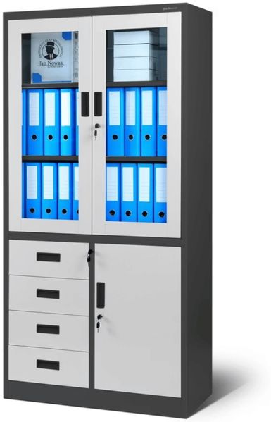 Vitrinenschrank abschließbar WIOLA - mit Schubladen| Büroschrank aus Stahl Aktenschrank mit Glasfenster Metallschrank Mehrzweckschrank, 185x90x40cm Anthrazit-Weiß