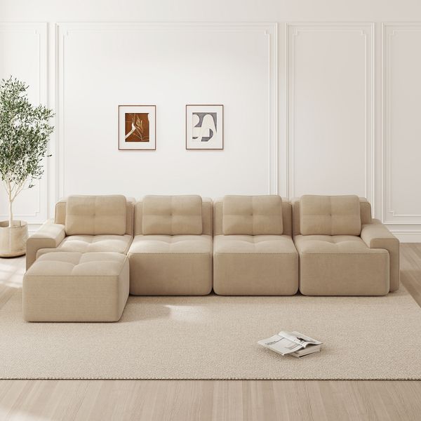 Modulares Sofa aus Cord, 4-Sitzer mit L-förmiger Chaiselongue, tiefem Sitz, 382 x 177 x 69 cm, Beige