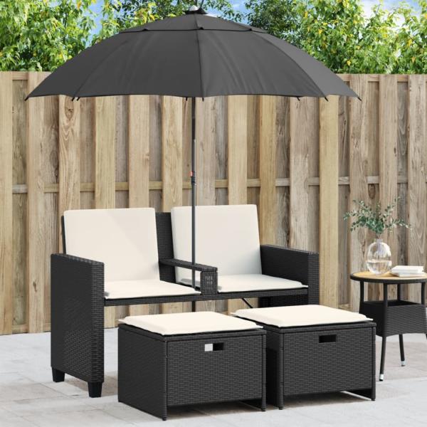 vidaXL Gartensofa 2-Sitzer Sonnenschirm und Hocker Schwarz Poly-Rattan 365882