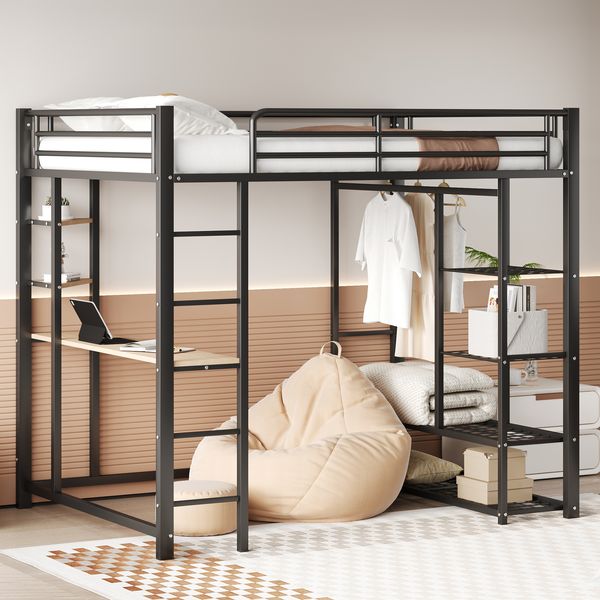 Hochbett 140×200 cm mit Leiter, Schreibtisch und Kleiderstange, Schwarz, ohne Matratze