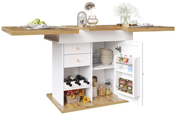 i@home Esstisch Teleskoptisch, ausziehbarer Küchentisch (110-140×80cm) (1 Esstisch), Tisch mit Snackregal und Weinregal, weiß/schwarz