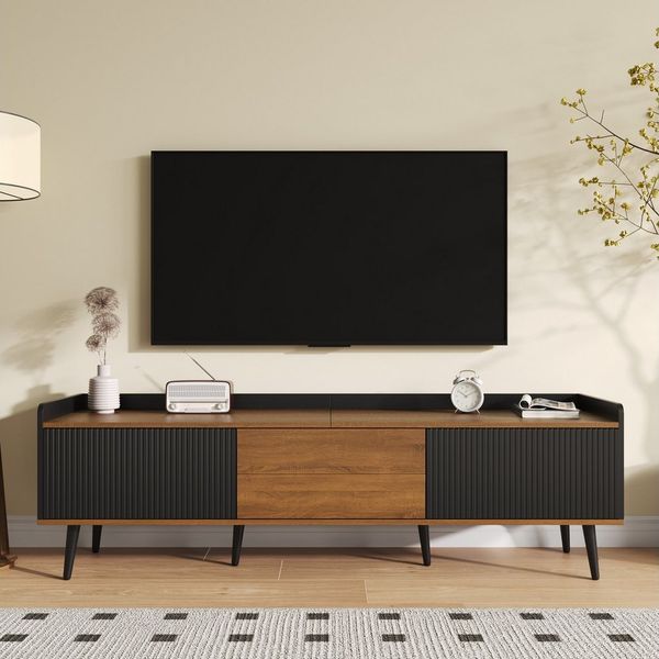 KLAM HOME Lowboard Moderner TV-Schrank mit 3 Türen in schicker Schwarz-Holz-Optik (160 x 39 x 49,5 cm (BxTxH), Inkl. Kippschutz, Sofort versandfertig), Hochwertig verarbeitet mit cleverem Stauraum, für Ihr Wohnzimmer