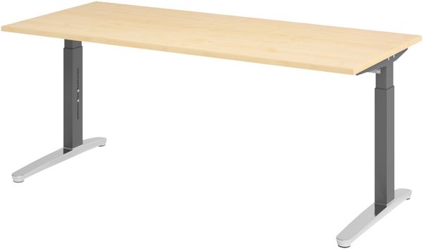 bümö manuell höhenverstellbarer Schreibtisch 180x80 in Ahorn, Gestell in graphit/alu - PC Tisch höhenverstellbar & groß, höhenverstellbarer Tisch Büro, großer Computertisch verstellbar, X19-3-GC