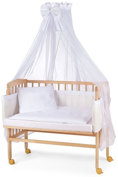 WALDIN Beistellbett mit Matratze und Nestchen, höhenverstellbar, Ausstattung weiß/weiß, Gestell Natur unbehandelt