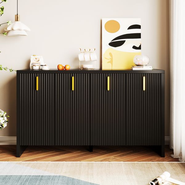 Sideboard 140x80x38 cm, 4 Türen mit verstellbaren Einlegeböden, schwarz mit goldenen Griffen