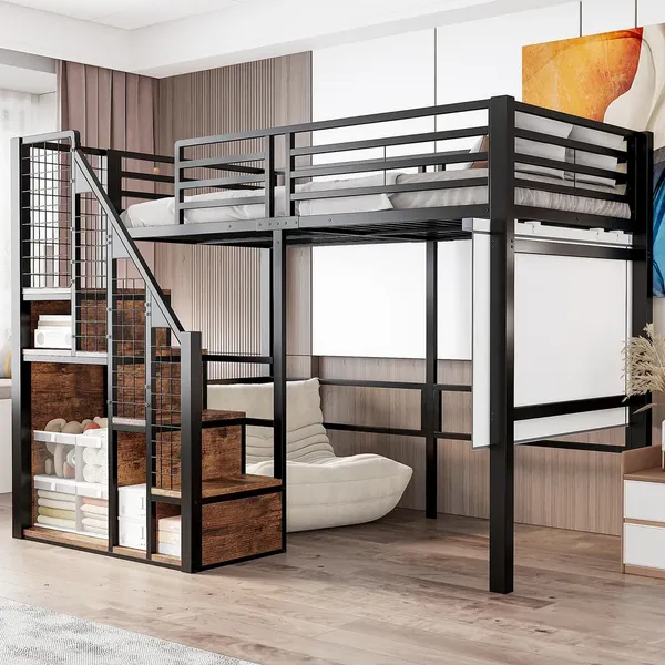 Hochbett mit Rausfallschutz, Treppe, Lattenrost und Regal, 90x200 cm, Metallbett, Jugendbet