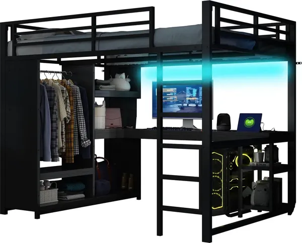 Hochbett mit Schreibtisch, LED-Streifen, Lattenrost, Kleiderschrank, Regal, Leiter, 140x200cm, Metallbett, Kinderbett, Jugendbett