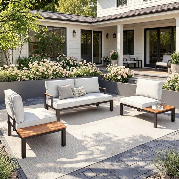 PHI VILLA Gartenlounge-Set, (Balkonmöbel Outdoor Ecksofa, Metall Gartenmöbel Set), Außen Gartensofa Wetterfest mit Couchtisch und Kissen, Beige-Grau