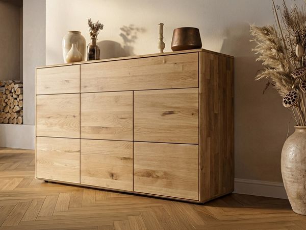 Massivart® Kommode 149 cm Breite Massivholz Wildeiche geölt »SKOV«, 2 Schubladen · 3 Drehtüren · 2 Einlegeböden · viel Stauraum
