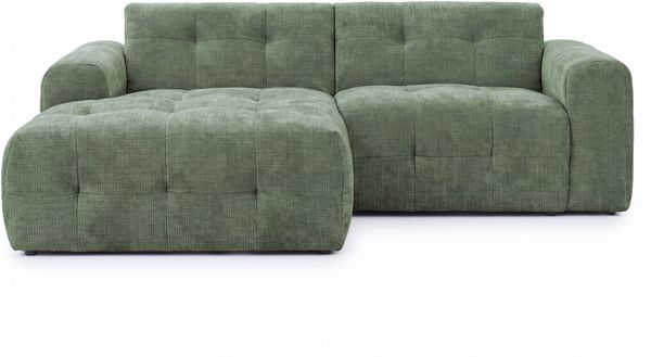 Modernes Ecksofa mit Ottomane links, mit markanten Steppungen, Chenille in Grün, 234 x 161 x 79 cm