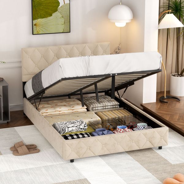 Polsterbett 140×200 cm mit stabiler Mitteltraverse, Samtbezug, Beige