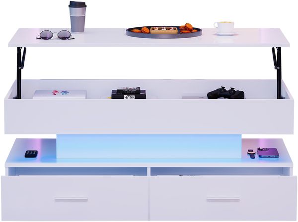 Couchtisch 100x50x44 cm, hydraulisch höhenverstellbar mit LED, Bluetooth-App, 2 Schubladen und verstecktem Stauraum, Weiß Bild 2