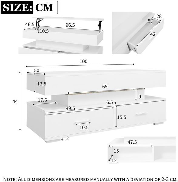 Couchtisch 100x50x44 cm, hydraulisch höhenverstellbar mit LED, Bluetooth-App, 2 Schubladen und verstecktem Stauraum, Weiß Bild 5