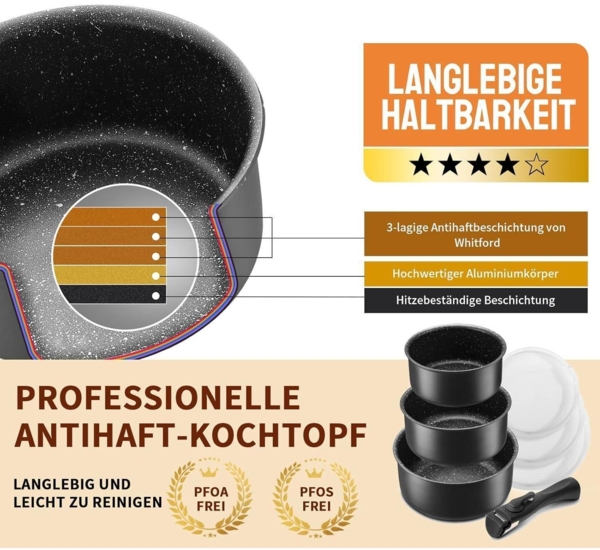 Kochtopf Set 7-tlg. 16+18+20cm abnehmbarer Griff Induktion Antihaft backofenfest Bild 2