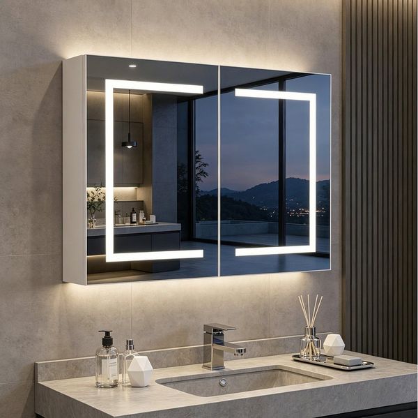 Simurq Spiegelschrank Spiegelschrank 80cm mit LED Beleuchtung & Anti-Beschlag (Spiegelschrank, Glasböden, LED-Beleuchtung, Netzteil, Montagezubehör) LED-Badezimmerspiegel mit Antibeschlagfunktion