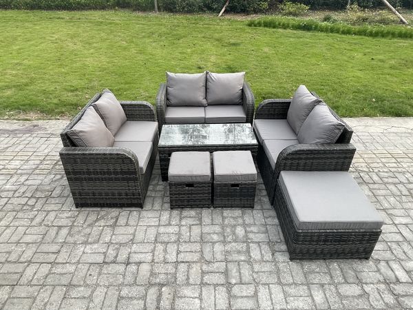 Fimous Gartenmöbel-Sets 7 Stücke Polyrattan Möbel Sofa Sets mit Rechteckiger Couchtisch Loveseat Sofa 3 Hockern