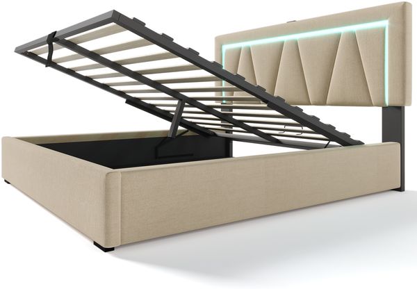 Polsterbett, Leinen mit LED & USB-Anschluss/Typ C, Stauraum & Lattenrost, 160x200 cm, Beige, ohne Matratze Bild 7