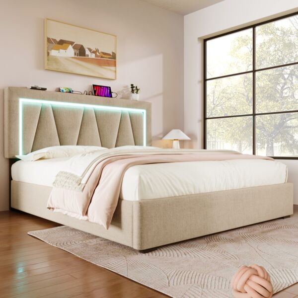 Polsterbett, Leinen mit LED & USB-Anschluss/Typ C, Stauraum & Lattenrost, 160x200 cm, Beige, ohne Matratze