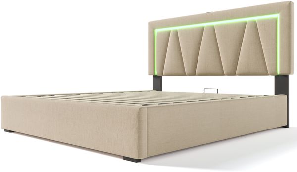 Polsterbett, Leinen mit LED & USB-Anschluss/Typ C, Stauraum & Lattenrost, 160x200 cm, Beige, ohne Matratze Bild 10