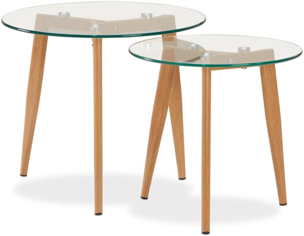 Homestyle4u Beistelltisch 2er-Set mit Glasplatte, massives Eichenholz natur, Ø50 und Ø40 cm