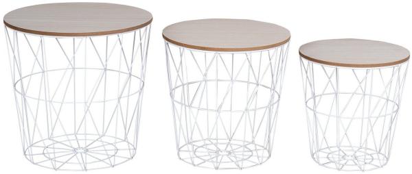 levandeo 3er Set Beistelltisch Metall Metallkorb Drahtkorb Weiß Natur Couchtisch Deckel Aufbewahrung Design Deko Tisch
