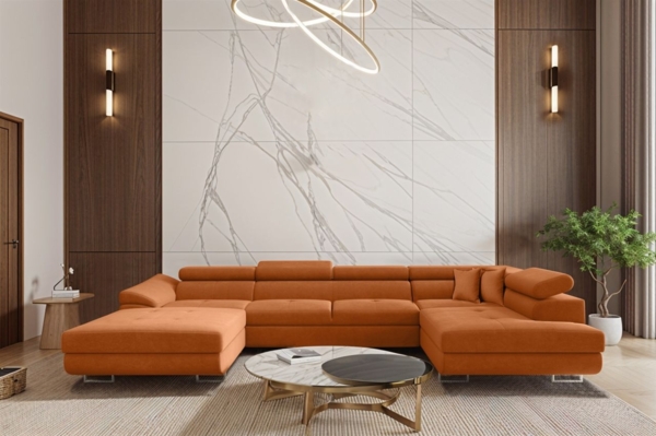 Wohnlandschaft Schlafsofa Sofa CARMELO in Stoff Nova Orange Ottomane Links