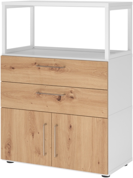 bümö flexi Schrank mit Flügeltüren, Regal & 2 Schubladen in Weiß/Asteiche, Büroschrank mit werkzeuglosem Schnellmontage-Klicksysten in modularer Bauweise, FW38K1RG-W-R-BS