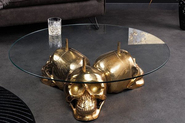riess-ambiente Couchtisch SKULL XXL 90cm gold Glas rund – Totenkopfgestell, Metall handmade (Einzelartikel, 1-St), Statement Piece, Modern Design, Dekoration, für Wohnzimmer