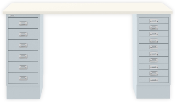 MultiDesk, 1 MultiDrawer mit 10 Schüben, 1 MultiDrawer mit 6 Schüben, Dekor Weiß, Farbe Lichtgrau, Maße: H 740 x B 1400 x T 600 mm