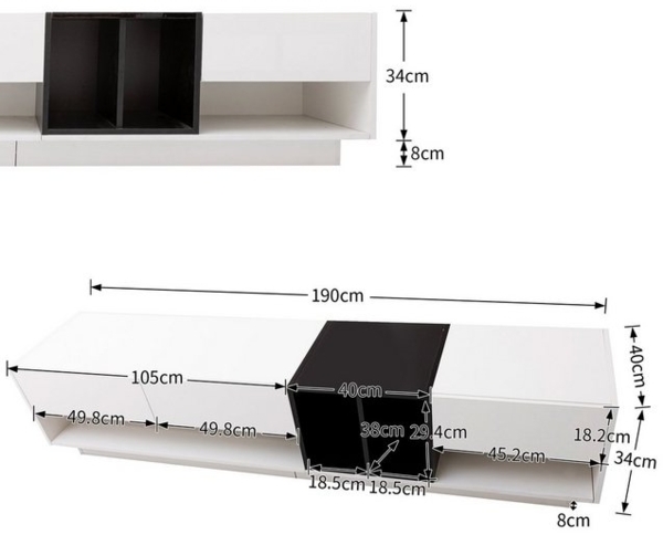 REDOM Lowboard TV-Schrank 190 cm Hochglanz Fernsehtisch (Fernsehschrank Medienmöbel, mit 3 Schubladen und 2 offenen Fächern), Kombination in Hochglanz-Weiß und Schwarz Bild 4
