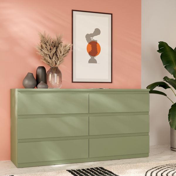 Forte EDMORE Kommode 150 160, moderne Kommode mit 6 Schubladen, Holzwerkstoff, Salbei, 153,9 cm breit x 79,8 cm hoch x 42,2 cm tief