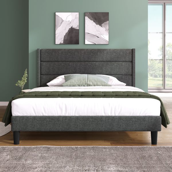 Polsterbett 140×200 cm mit Lattenrost, gepolstertes Naht-Kopfteil, Dunkelgrau