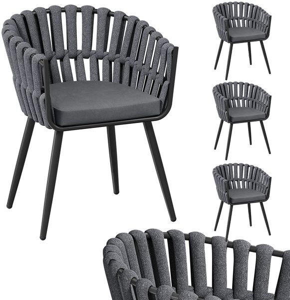 STEELSØN 'Tarian' Gartenstuhl im Rope Design, 4er-Set, dunkelgrau, Loungesessel bis 120 kg belastbar, inkl. Sitzkissen, wetterfest & höhenverstellbar