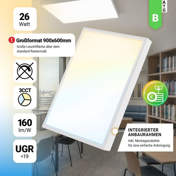LED Anbaupanel 90x60 cm 3CCT 3000K 4000K 6000K 26W UGR