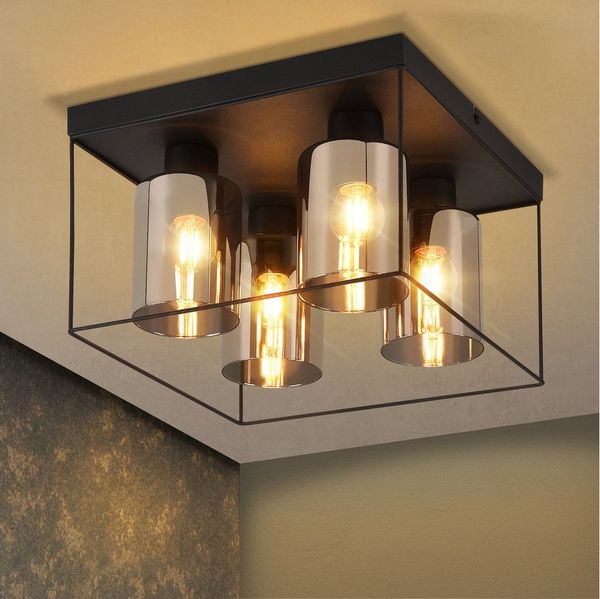 Nettlife Deckenleuchte 1/4 Flammig E27 Glas Vintage Flurlampe Schwarz Metall Industrial, ohne Leuchtmittel, Retro Schlafzimmerlampe für Küche Schlafzimmer Büro