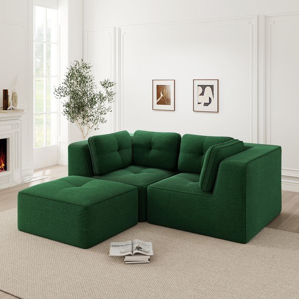 Flieks 2-Sitzer Modulares Sofa mit Hocker, Cloud Sofa Cord rahmenlos, Lounge Sofa bodennah, mit breiten Armlehnen, Grün