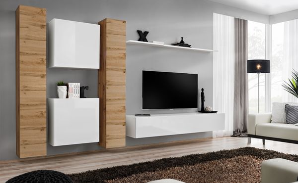 Hängende Wohnwand Switch VI in Wotan und Weiß 330 x 180 cm 6-teilig