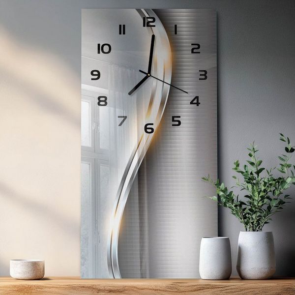 Tulup Wanduhr Silberne Welle Moderne Küche Stille Glasuhr 30 cm x 60 cm (Analog, Stille Uhr)